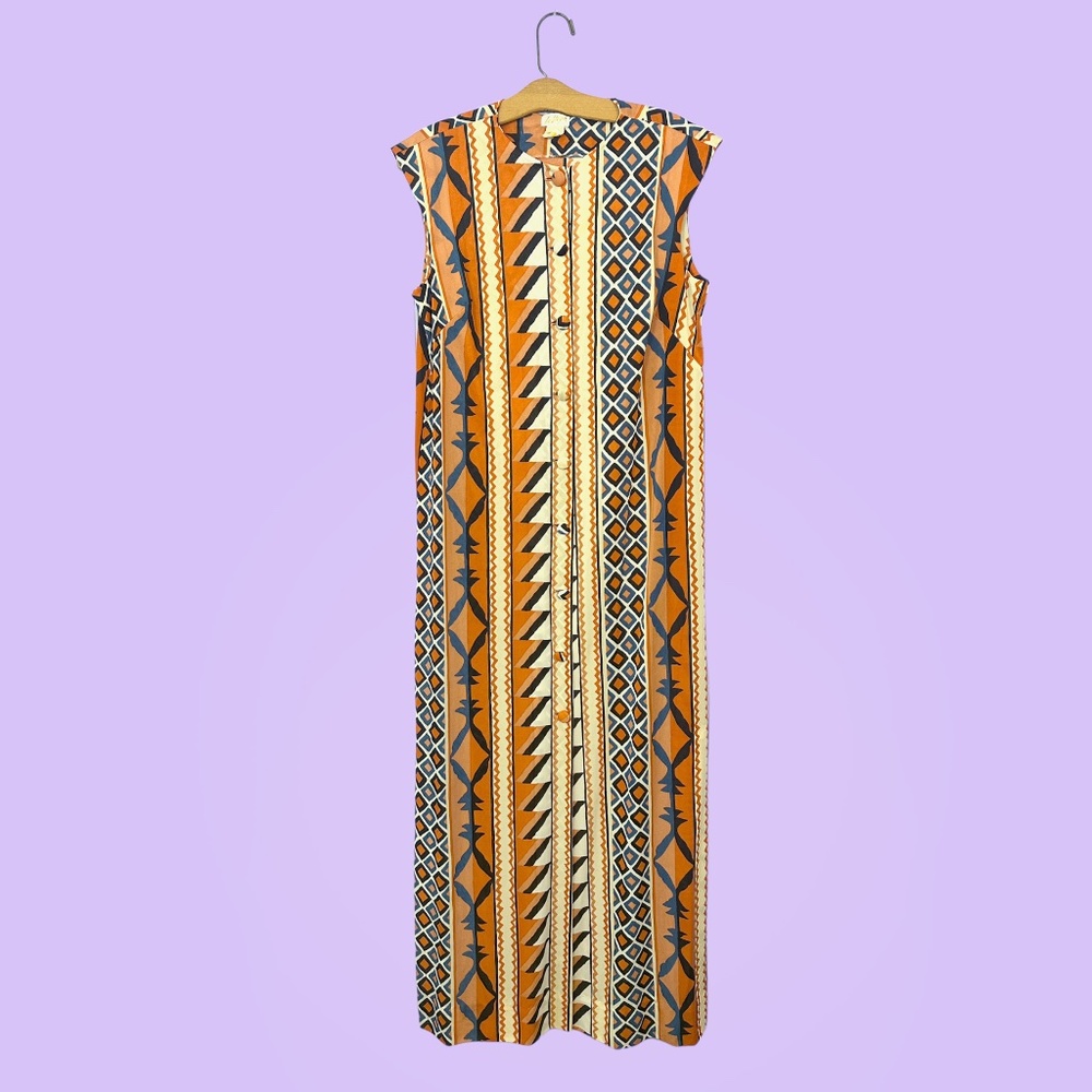 Vintage 1970's LeVoy Sleeveless Geometric Polyester Maxi Dress